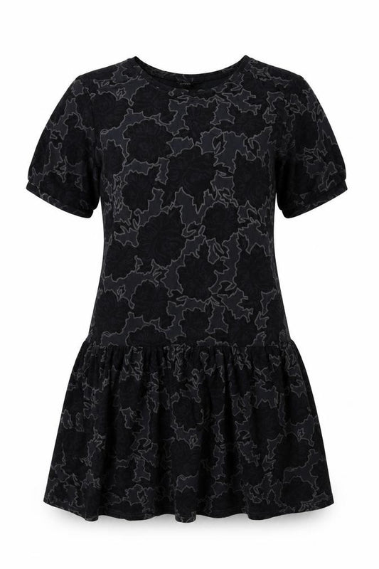 Front view of Topshop women’s grey floral jersey a-line, size UK 6