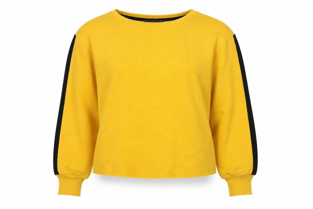 Front view of Primark women’s yellow jersey pullover sweatshirt, size UK 8