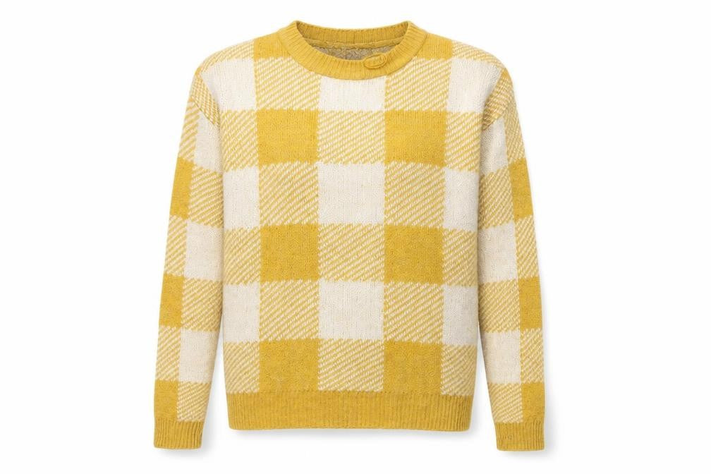 Front view of Primark women’s yellow check knit jumper, size UK 6