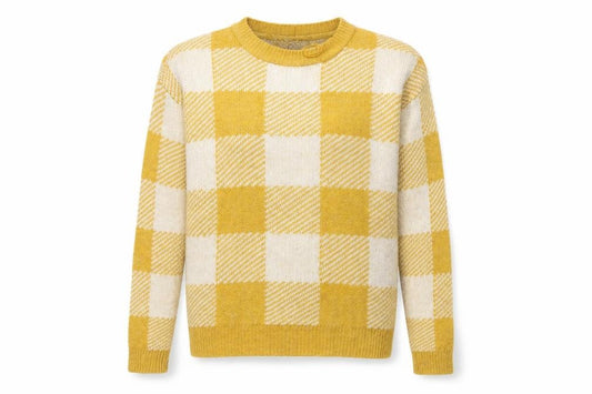 Front view of Primark women’s yellow check knit jumper, size UK 6