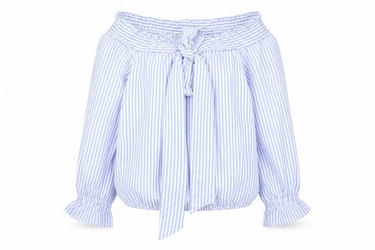 Front view of Quiz women’s blue striped basic blouse, size S