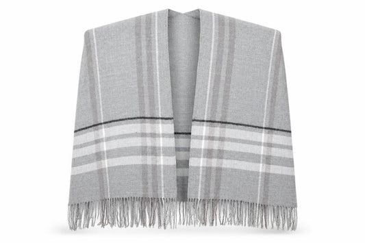 Front view of Preworn women’s grey striped knit shawl/wrap