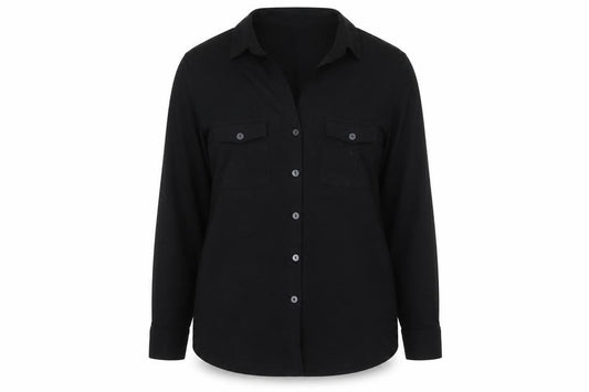 Front view of Kley women’s black basic button-up, size UK 10