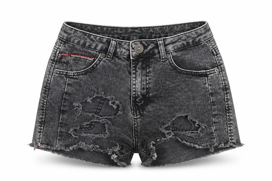 Front view of Collezione women’s black hot pants shorts, size UK 8