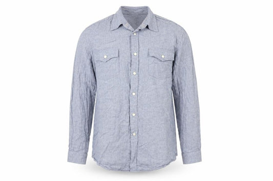 Front view of Mossimo men’s blue button-up, size L