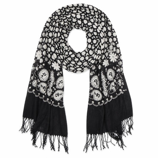 Front view of Preworn women’s black geometric shawl/wrap