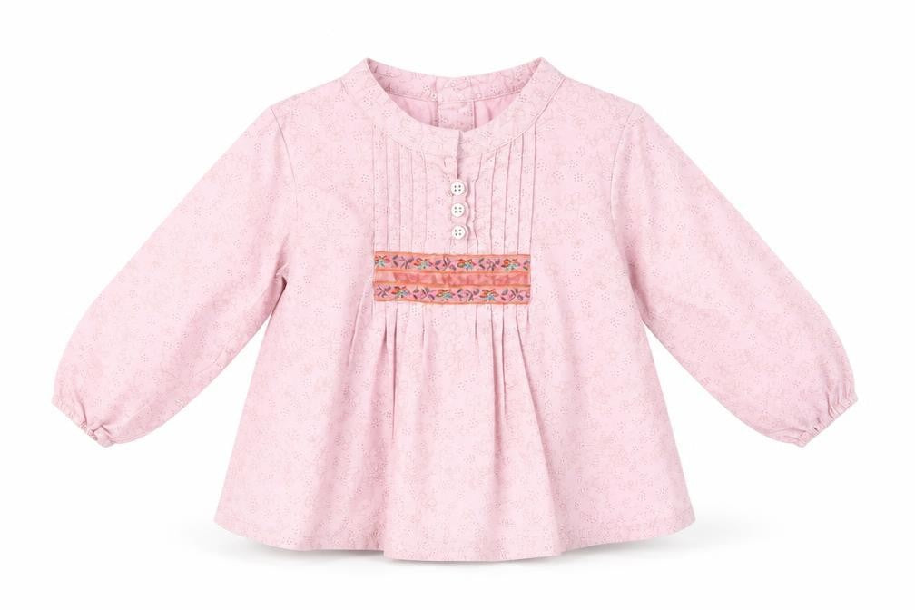 Front view of Mothercare girls’ pink basic blouse, size 9-12, months