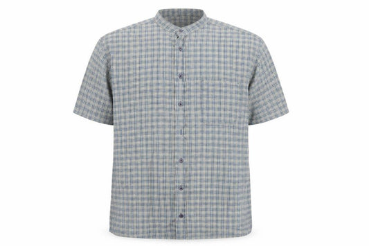Front view of Stone River men’s blue check button-up, size XL