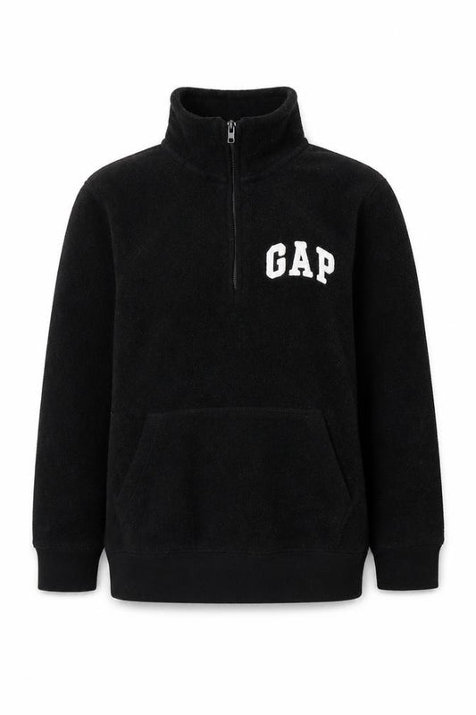 Front view of Gap boys’ black fleece jacket, size S