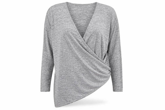 Front view of Boohoo women’s grey wrap blouse, size M