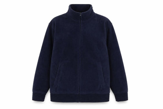 Front view of EWM women’s blue fleece jacket, size UK 10