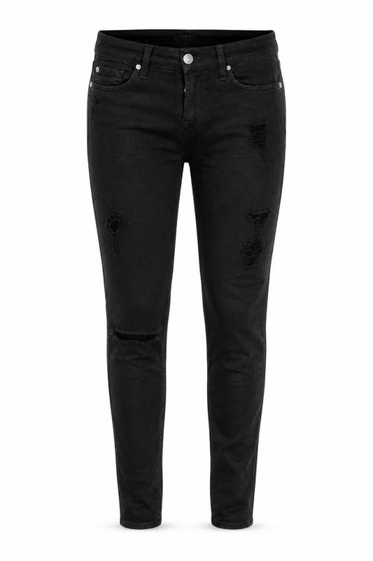 Front view of women’s black skinny jeans, size UK 10, 27-inch leg