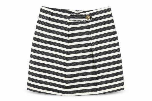 Front view of Preworn women’s white striped a-line skirt, size UK 8