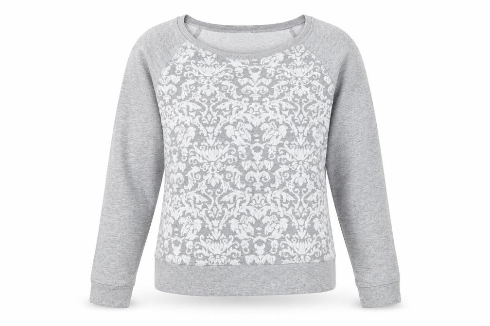 Front view of H&M women’s grey jersey pullover sweatshirt, size S