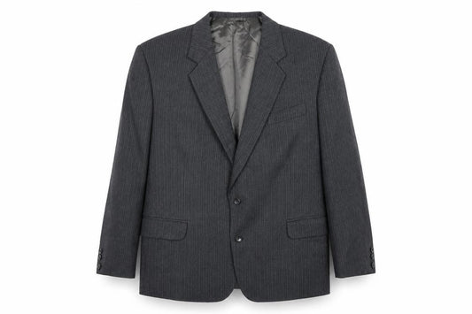 Front view of Preworn men’s blue striped rayon jacket suit jacket, size 40