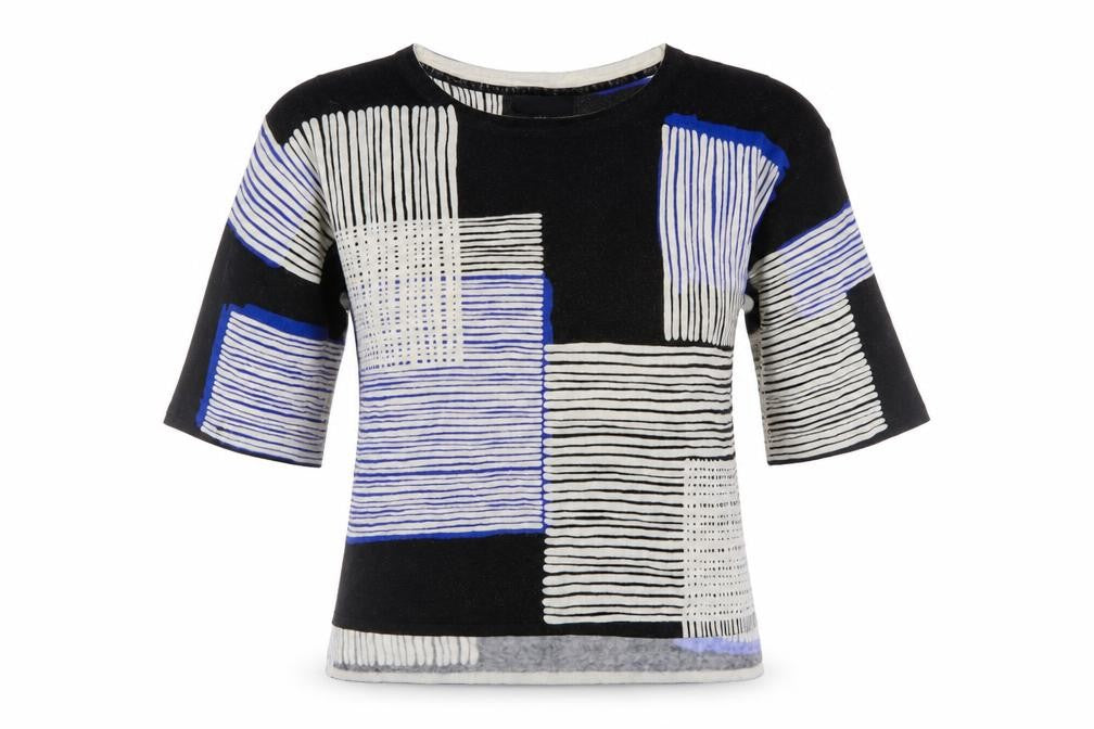 Front view of Next women’s black striped knit jumper, size UK 6