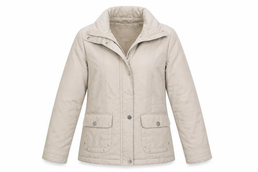 Front view of Classics women’s beige jacket coat, size S