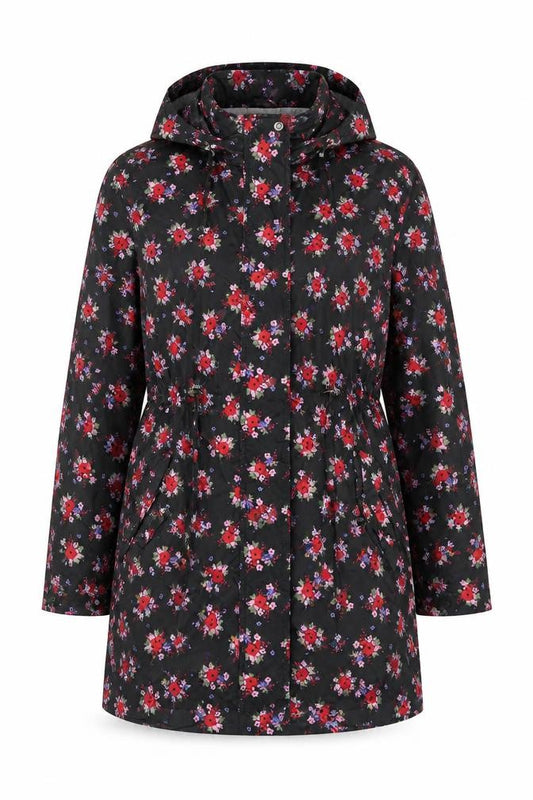 Front view of Tu women’s black floral anorak coat, size S