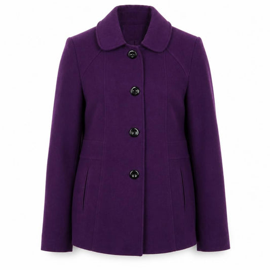 Front view of Autonomy women’s purple pea coat coat, size UK 12