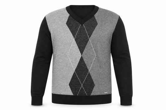 Front view of River Road men’s black argyle/diamond jumper, size M