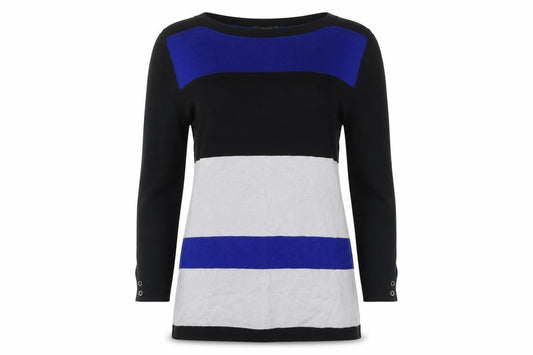 Front view of Papaya women’s blue striped jumper, size UK 8