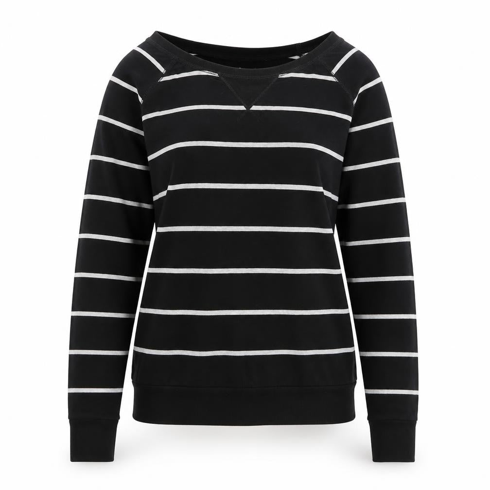 Front view of Poof women’s black striped jersey pullover sweatshirt, size S