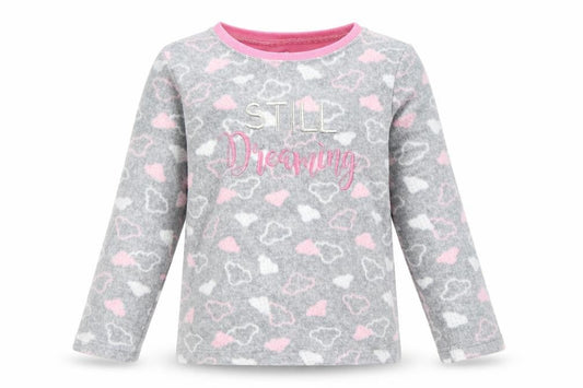 Front view of Young Dimension girls’ grey geometric fleece top pyjama top, size 7-8, years - still dreaming