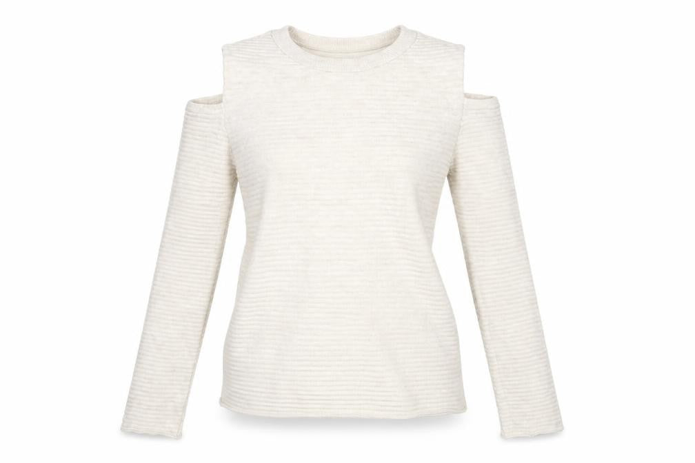 Front view of Primark women’s beige striped jumper, size UK 6