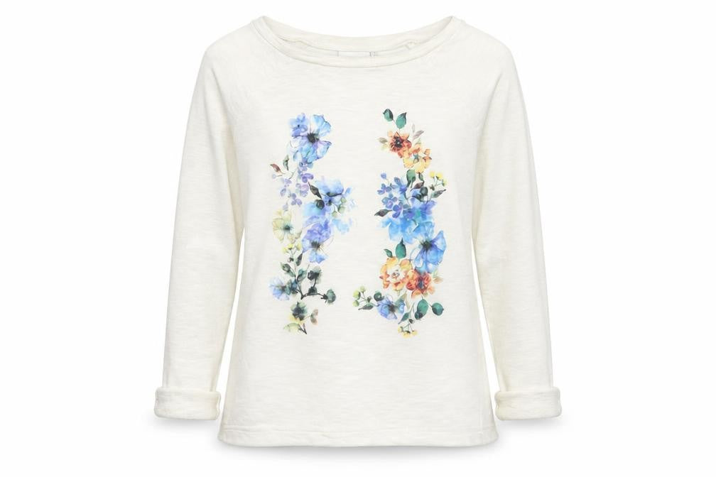 Front view of Next women’s beige floral pullover sweatshirt, size UK 6