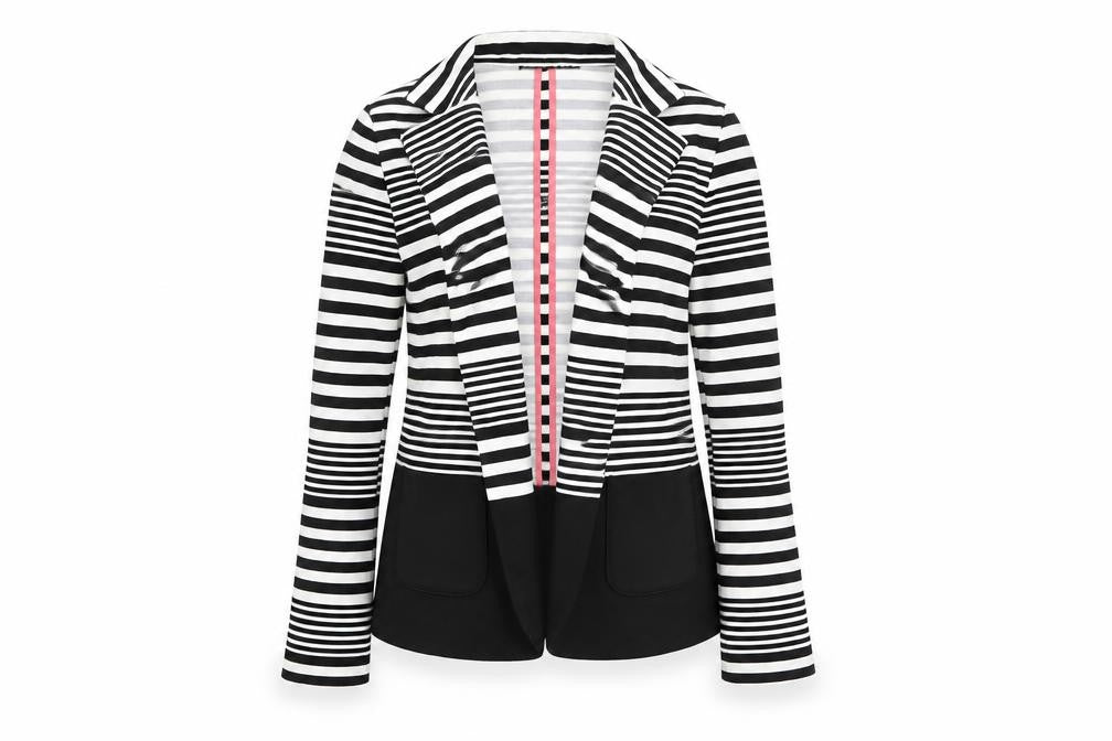 Front view of Atmosphere women’s multicoloured striped overcoat jacket, size UK 6