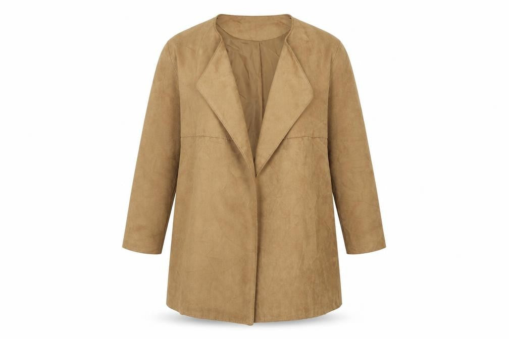Front view of H&M women’s beige jacket, size UK 8, - suede effect
