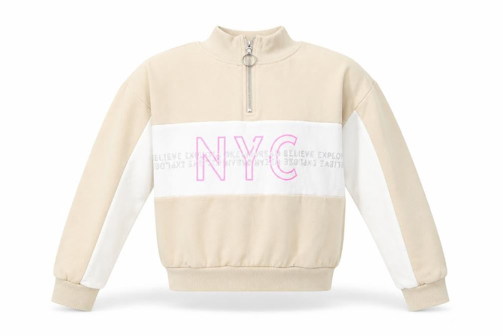 Front view of H&M girls’ beige pullover sweatshirt, size 11-12, years