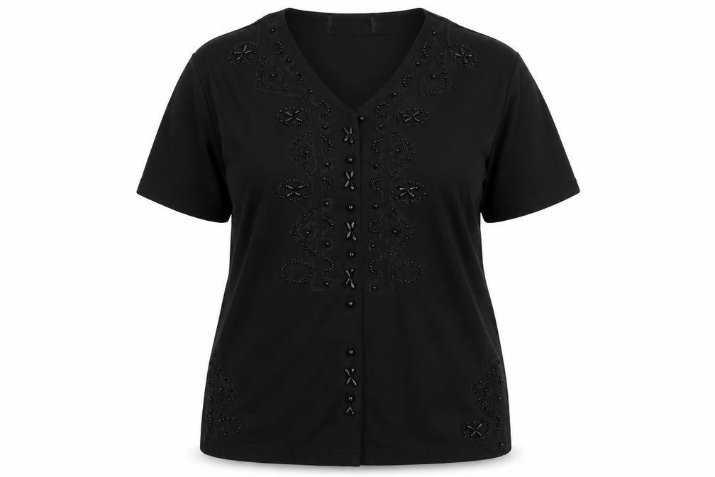 Front view of Preworn women’s black basic button-up, size XL