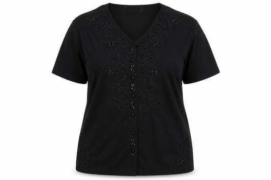 Front view of Preworn women’s black basic button-up, size XL