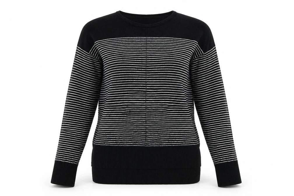 Front view of Primark women’s black striped jumper, size UK 12