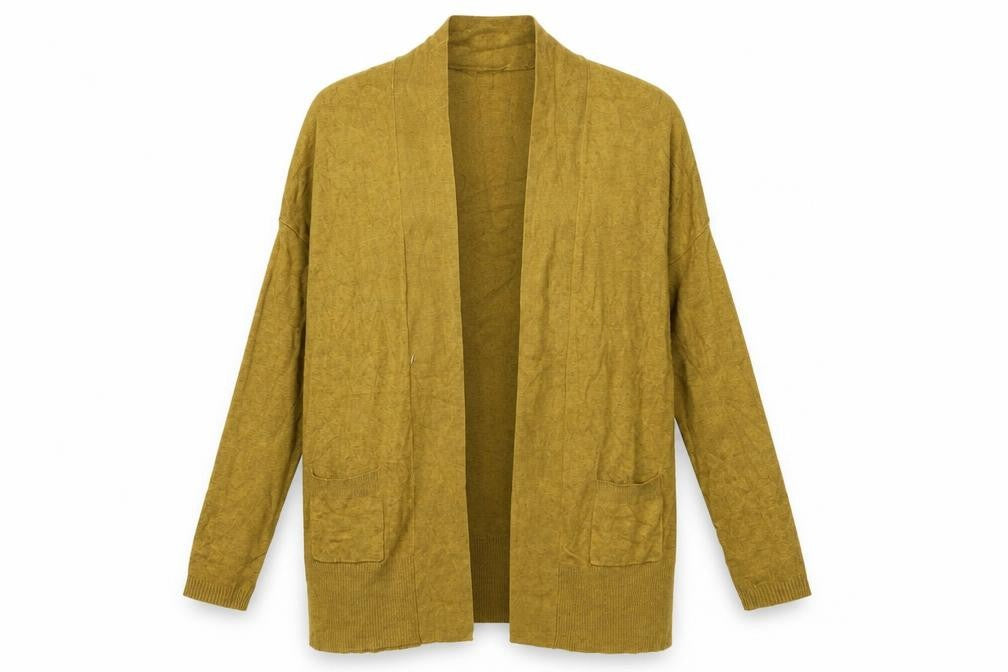 Front view of Atmosphere women’s gold knit cardigan jumper, size UK 8