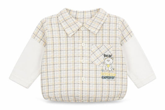 Front view of Early Days boys’ multicoloured check basic button-up, size 3-6, months