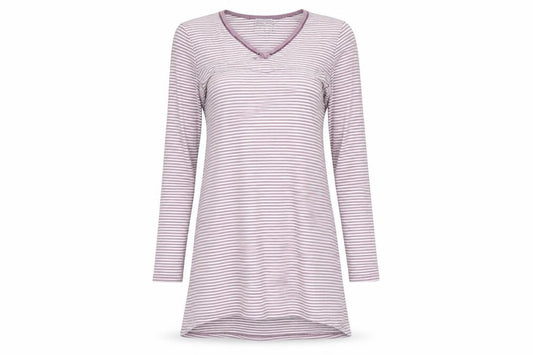 Front view of LE CHAT women’s purple striped top pyjama top, size UK 8