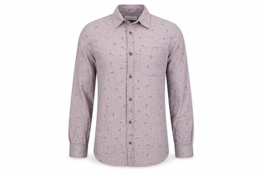 Front view of River Island men’s purple animal print button-up, size S
