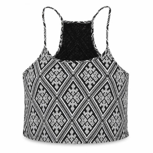 Front view of XXI women’s black geometric cropped tank, size L