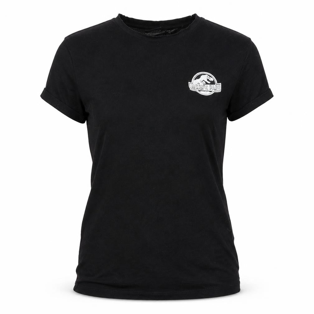 Front view of Primark women’s black basic polo, size UK 8, - jurassic park