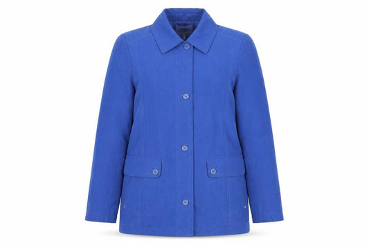 Front view of EWM women’s blue overcoat coat, size UK 10
