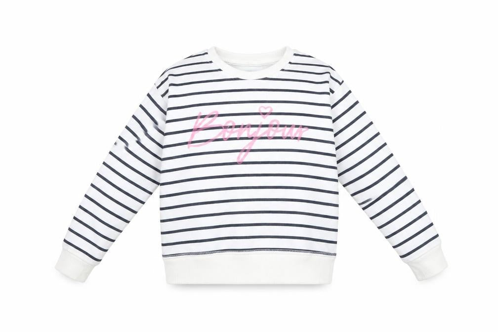 Front view of Primark girls’ white striped pullover sweatshirt, size 5-6, years