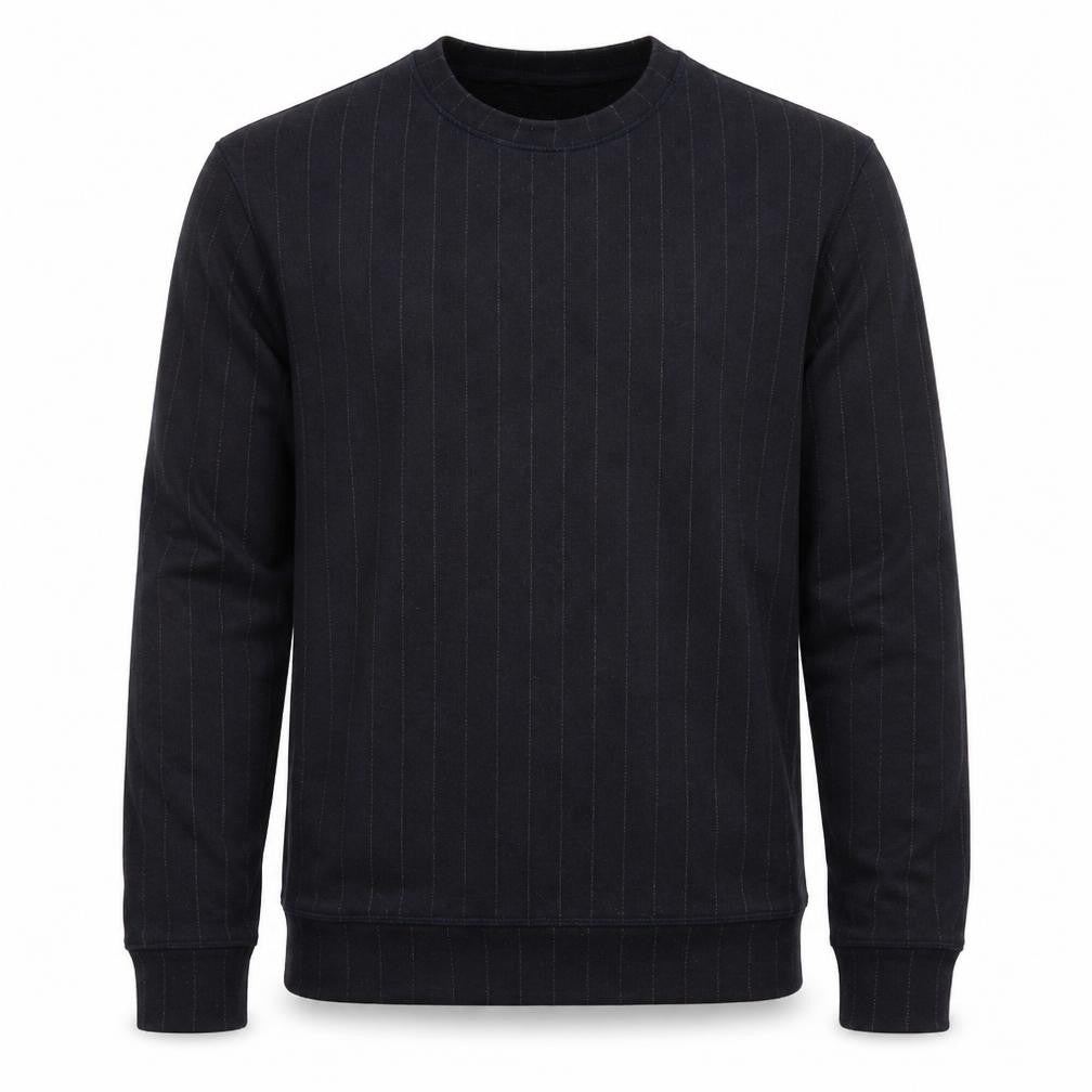 Front view of H&M men’s blue striped pullover sweatshirt, size XS