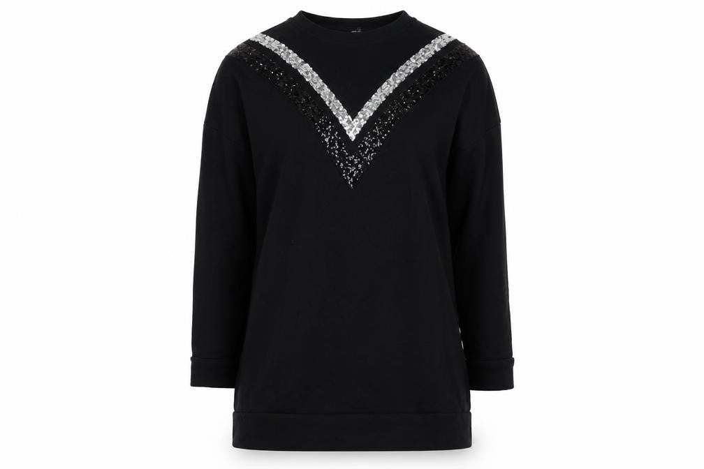 Front view of Defacto women’s black striped jersey pullover sweatshirt, size XS, - sequin oversized