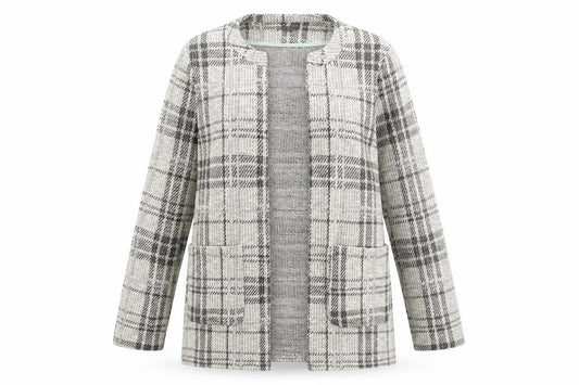 Front view of New Look women’s ivory plaid jersey jacket, size UK 12