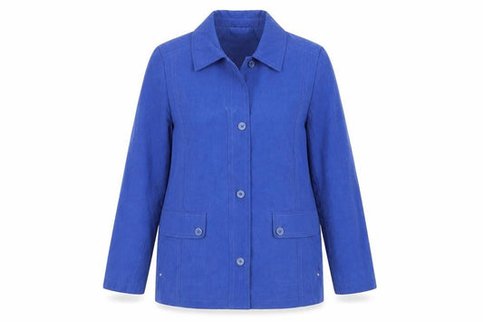 Front view of EWM women’s blue jacket, size UK 14