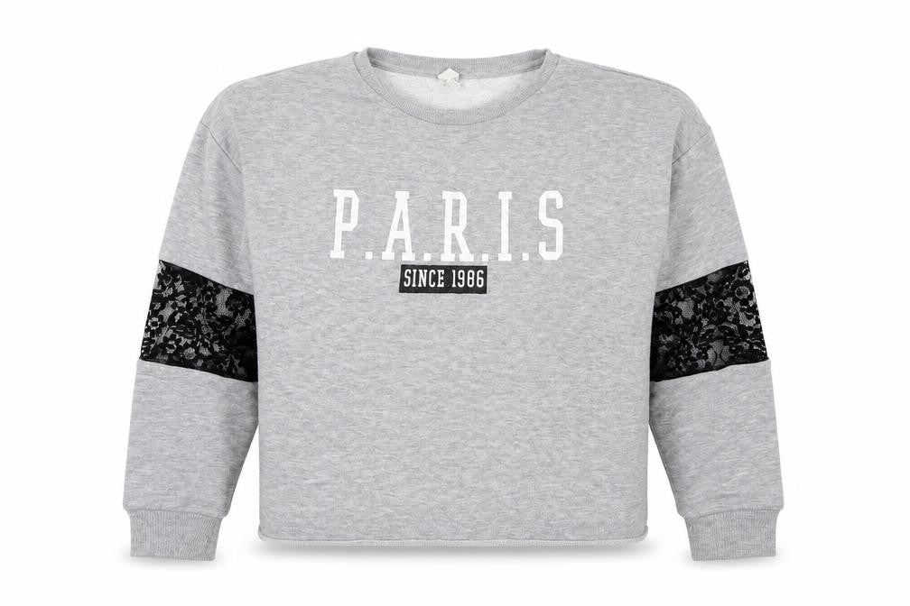 Front view of Candy Couture girls’ grey jersey pullover sweatshirt, size 10, years