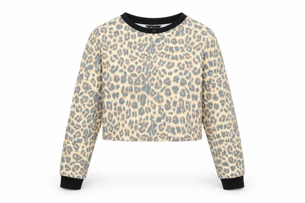 Front view of Candy Couture girls’ beige animal print pullover sweatshirt, size 12, years