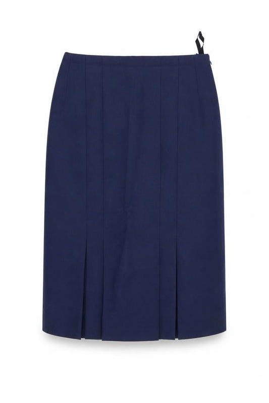 Front view of Preworn women’s blue a-line skirt, size UK 32, in